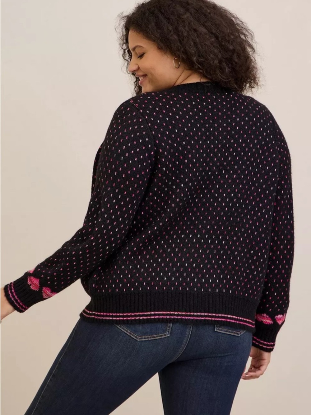 Torrid Button Front V-Neck Cardigan Black Pink Hearts‎ 2X Plus Size - Picture 3 of 9